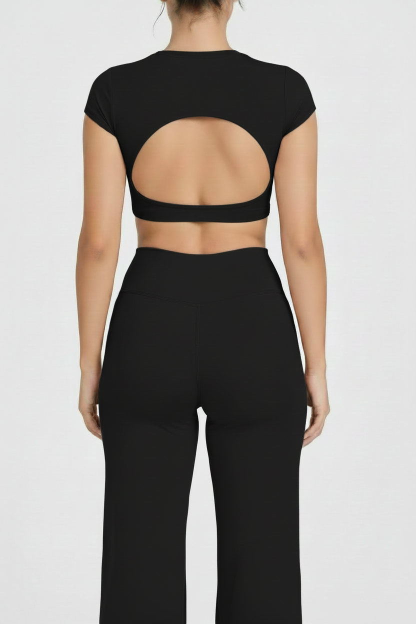 Open-Back Crop Top & Flared Pants in Black