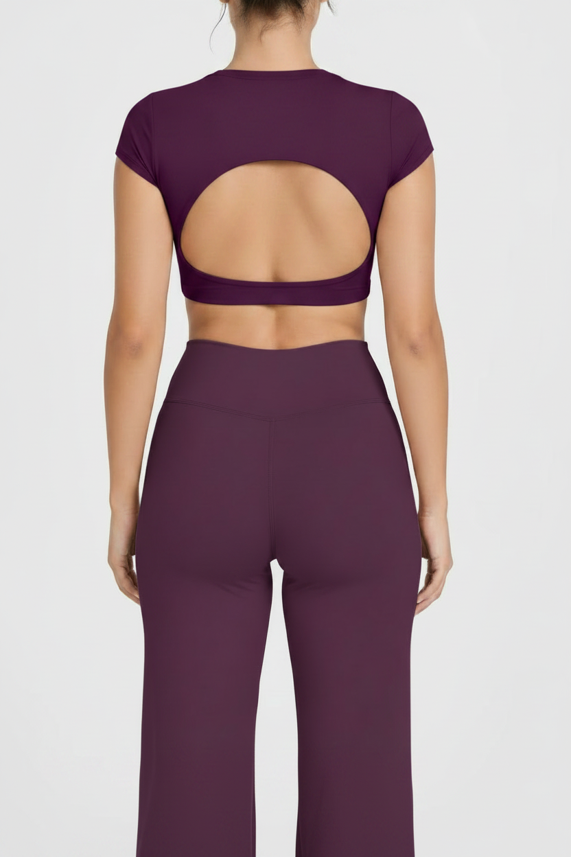 Open-Back Crop Top & Flared Pants in Deep Purple