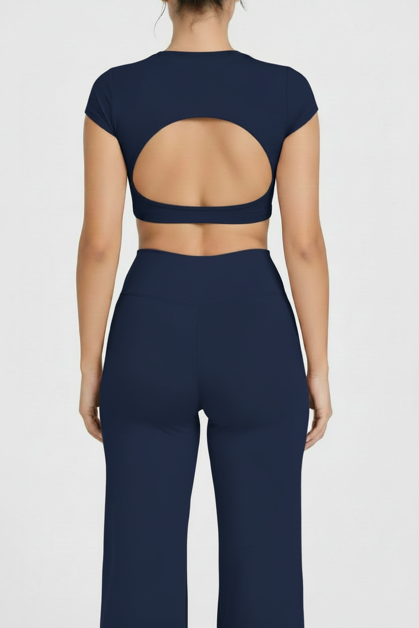 Open-Back Crop Top & Flared Pants in Navy